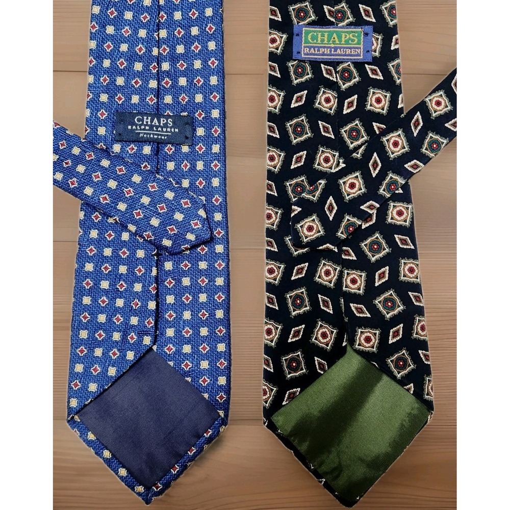 VTG Chaps Ralph Lauren Mens Silk Tie Lot 2 Blue Geometric Medallion USA Made